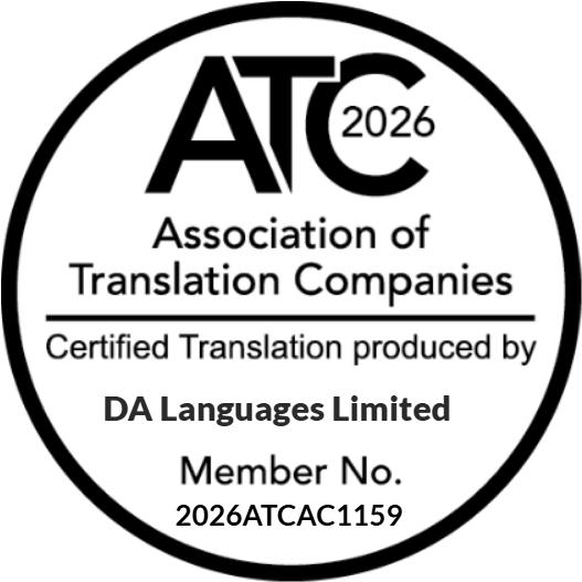 ATC 2026 certified translation badge for DA Languages Limited, member 2026ATCAC1159.