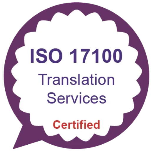 Purple badge reading ISO 17100 Translation Services Certified in white, purple, and red text.