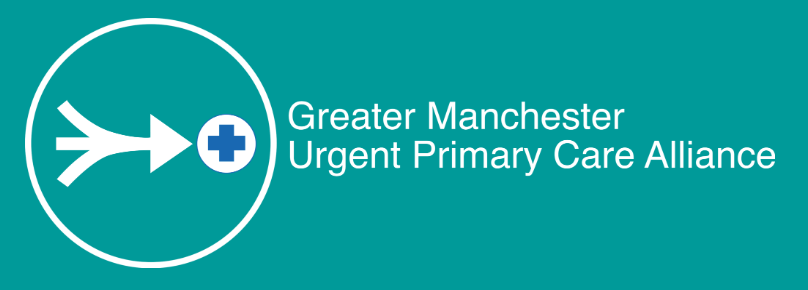 White arrow and medical cross icon next to Greater Manchester Urgent Primary Care Alliance on teal background.