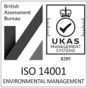 ISO 14001 Environmental Management certification logos from British Assessment Bureau and UKAS Management Systems.