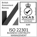 British Assessment Bureau and UKAS logo for ISO 22301 Business Continuity Management certification.