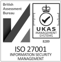 ISO 27001 certification badge for information security management, with UKAS and British Assessment Bureau logos.