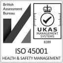 British Assessment Bureau and UKAS ISO 45001 Health & Safety Management certification logos.