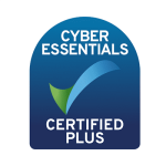 Cyber Essentials Certified Plus logo with a blue and green checkmark on a blue gradient background.