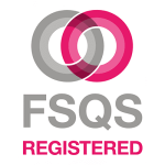 FSQS Registered logo with two overlapping grey and pink rings above the text FSQS REGISTERED.