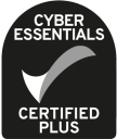 Cyber Essentials Certified Plus logo with a check mark on a black background.