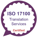 Purple badge reading ISO 17100 Translation Services Certified in white, purple, and red text.